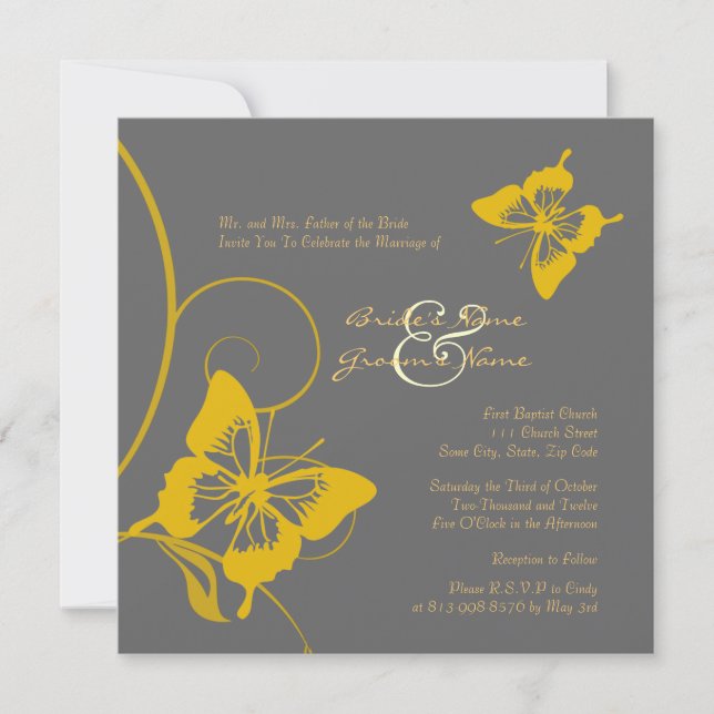 Grey and Yellow Butterfly Wedding Invitation (Front)