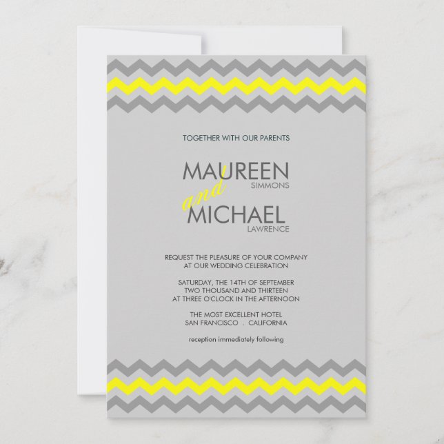 Grey and Yellow Chevron Wedding Invitations (Front)