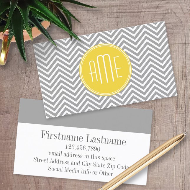 Grey and Yellow Chevrons Custom Monogram Business Card (Custom Printed Business Cards)