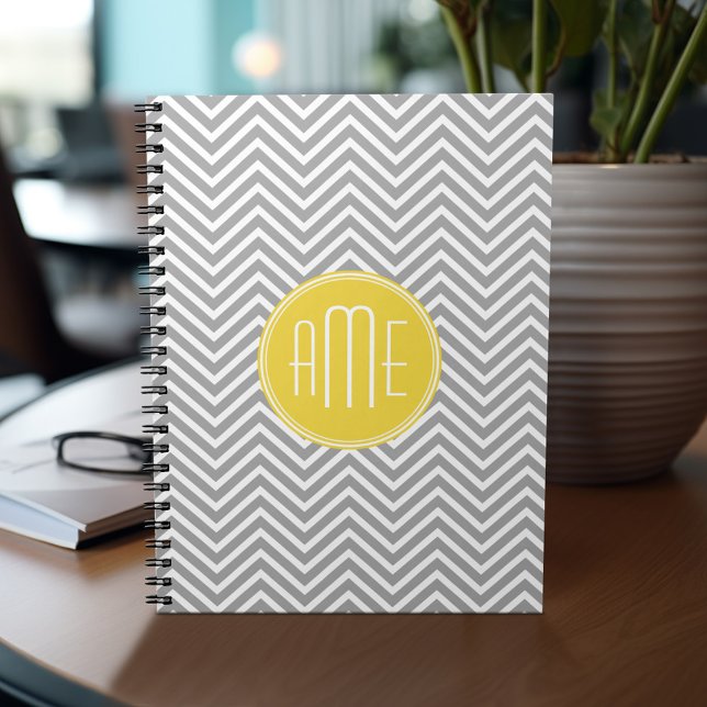Grey and Yellow Chevrons Custom Monogram Spiral Notebook (Personalized notebook - add monogram and custom text)