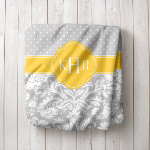 Grey and Yellow Damask Polka Dots Monogram Fleece Blanket