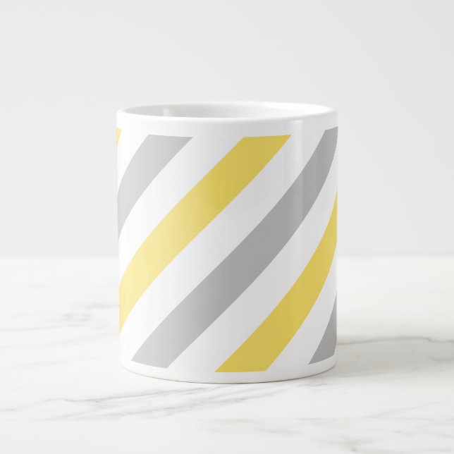 Grey and Yellow Diagonal Stripes Pattern Large Coffee Mug (Front)