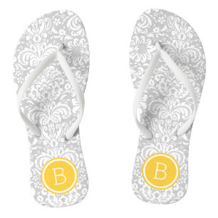 Grey and Yellow Floral Damask Monogram Jandals