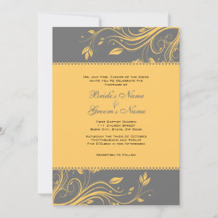 Grey and Yellow Floral Swirls Wedding Invitation