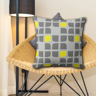 Grey and Yellow Geometric Squares Throw Pillow