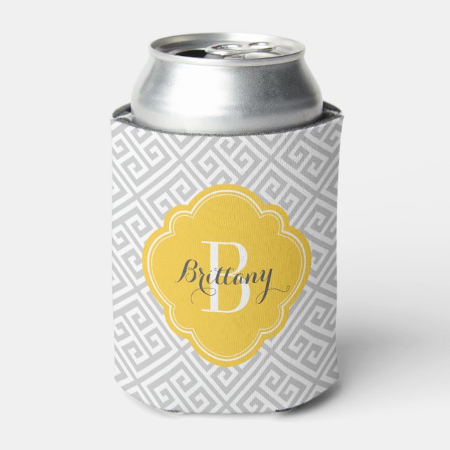 Grey and Yellow Greek Key Monogram Can Cooler (Can Front)