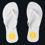 Grey and Yellow Greek Key Monogram Jandals<br><div class="desc">Custom printed flip flop sandals with a stylish modern Greek key pattern and your custom monogram or other text in a circle frame. Click Customise It to change text fonts and colours or add your own images to create a unique one of a kind design!</div>