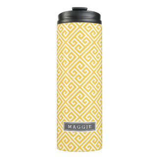Grey and Yellow Greek Key Monogram Thermal Tumbler