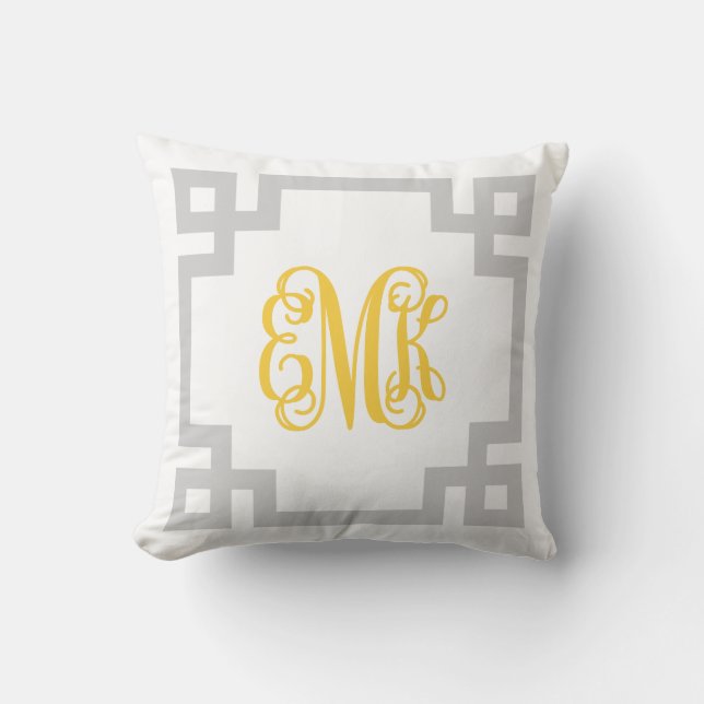 Grey and Yellow Greek Key Script Monogram Cushion (Front)