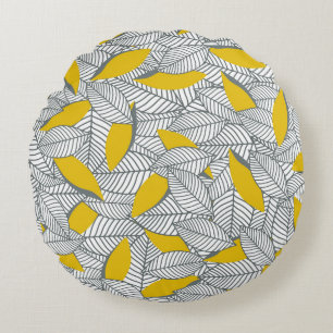 Grey and yellow leaf pattern. round cushion