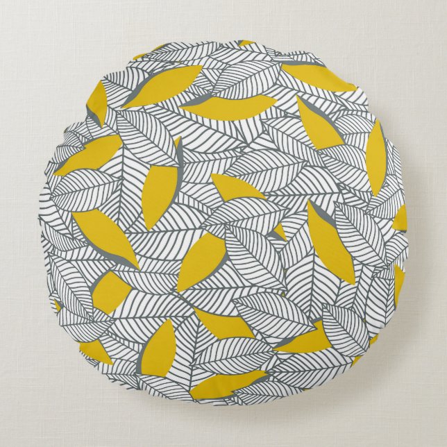 Grey and yellow leaf pattern. round cushion (Front)