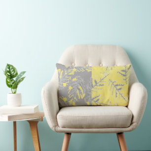 Grey and yellow leaves on a striped background. lumbar cushion