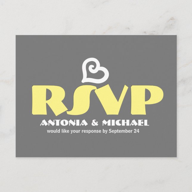 Grey and Yellow Modern RSVP Wedding Response 6 Invitation Postcard (Front)