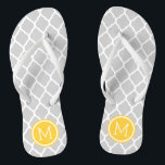 Grey and Yellow Moroccan Quatrefoil Monogram Jandals<br><div class="desc">Custom printed flip flop sandals with a stylish Moroccan quatrefoil pattern and your custom monogram or other text in a circle frame. Click Customise It to change text fonts and colours or add your own images to create a unique one of a kind design!</div>