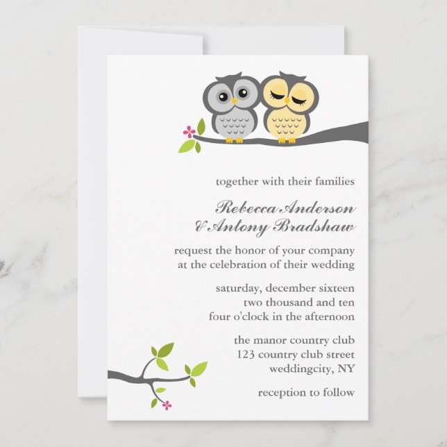 Grey and Yellow Owls Wedding Invitation (Front)