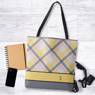 Grey and Yellow Plaid Monogram Tote Bag