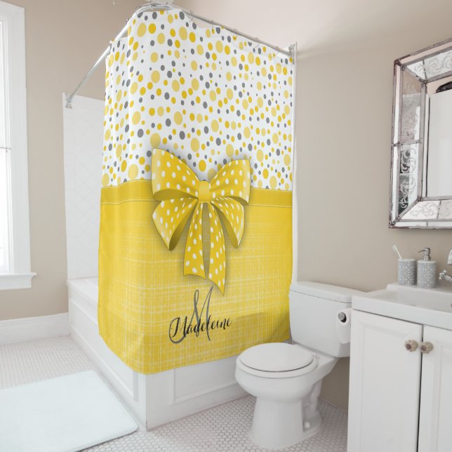 Grey and Yellow Polka Dots, Sunny Yellow Ribbon Shower Curtain (In Situ)