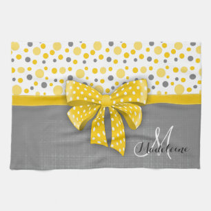 Grey and Yellow Polka Dots, Sunny Yellow Ribbon Tea Towel