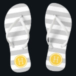 Grey and Yellow Preppy Stripes Monogram Jandals<br><div class="desc">Custom printed flip flop sandals with a preppy nautical stripe pattern and your custom monogram or other text in a circle frame. Click Customise It to change text fonts and colours or add your own images to create a unique one of a kind design!</div>