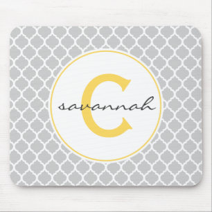 Grey and Yellow Quatrefoil Monogram Mouse Pad