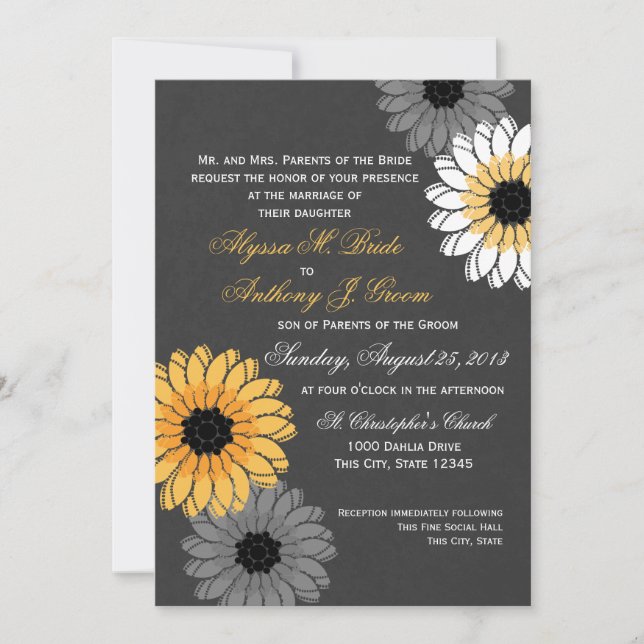 Grey and Yellow Slate and Flowers Wedding Invitation (Front)