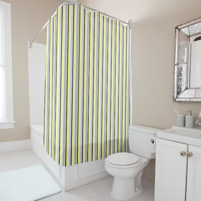 Grey and Yellow Stripes Shower Curtain (In Situ)