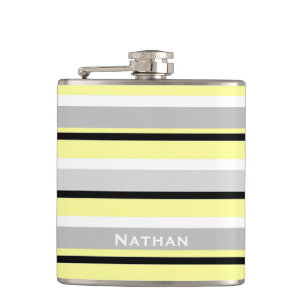 Grey and Yellow Stripes Stylish Personalised Hip Flask