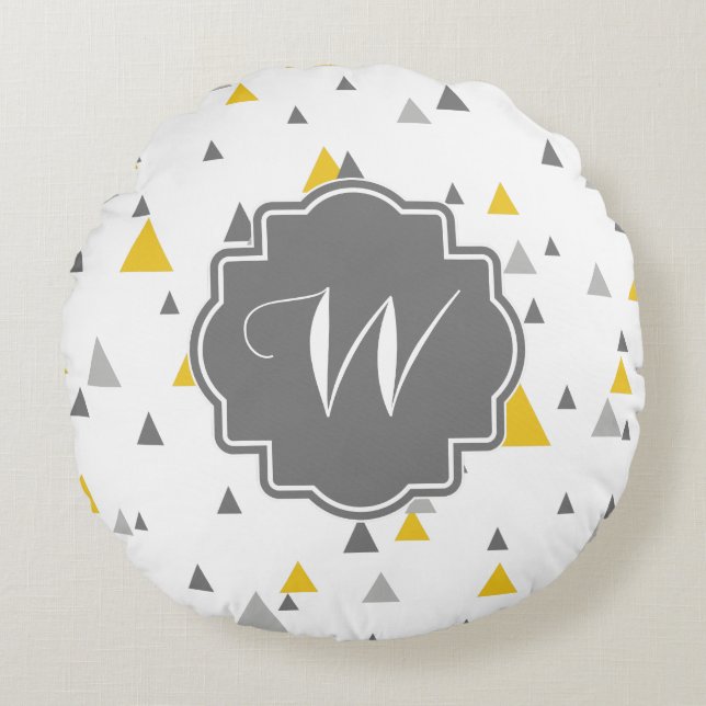 Grey And Yellow Triangles Modern Pattern Round Cushion (Front)