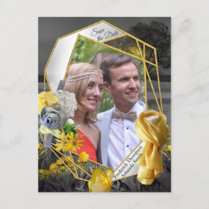 Grey and yellow tulips, daisies with a sunset announcement postcard