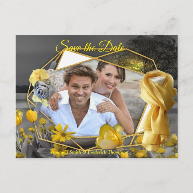 Grey and yellow tulips, daisies with a sunset announcement postcard (Front)