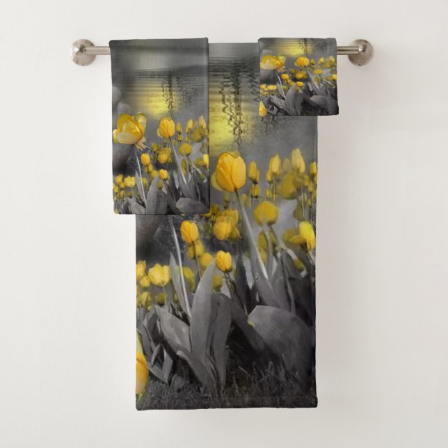 Grey and yellow tulips, daisies with a sunset bath towel set (Insitu)