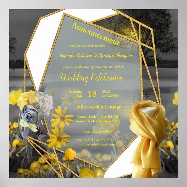 Grey and yellow tulips, daisies with a sunset poster (Front)