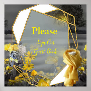 Grey and yellow tulips, daisies with a sunset poster