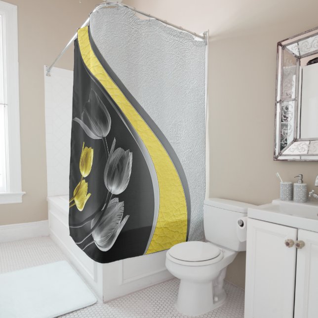 Grey and yellow tulips flower 2021 colours shower curtain (In Situ)