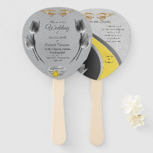 Grey and Yellow tulips on texture. Hand Fan