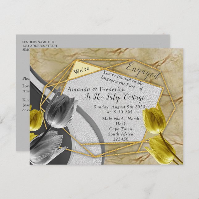 Grey and Yellow tulips on texture. Invitation Postcard (Front/Back)
