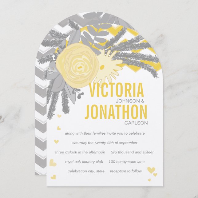 Grey and Yellow Zig Zag Typography Wedding Invitation (Front/Back)