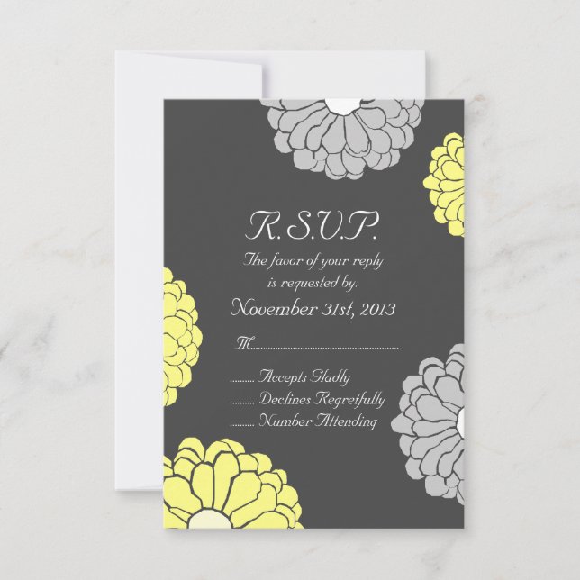 Grey and Yellow Zinnia Flower Wedding RSVP (Front)