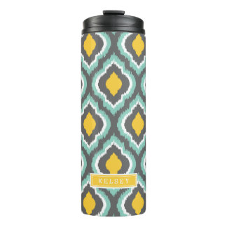 Grey Aqua and Yellow Ikat Moroccan Monogram Thermal Tumbler