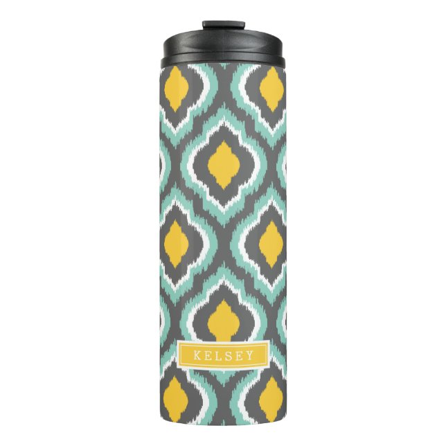 Grey Aqua and Yellow Ikat Moroccan Monogram Thermal Tumbler (Front)
