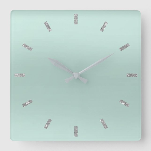 Grey Aqua Blue Ombre Minimal Glitter Square Wall Clock (Front)