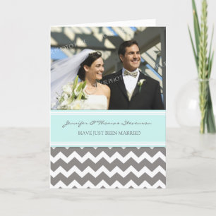 Grey Aqua Chevron Just Married Photo Announcement