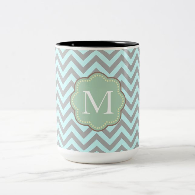 Grey  Aqua Chevron Stripes Monogram Two-Tone Coffee Mug (Center)