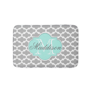 Grey Aqua Elegant Pattern Monogram Bath Mat