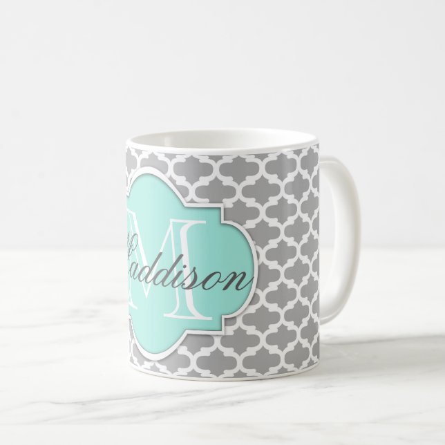 Grey Aqua Elegant Pattern Monogram Coffee Mug (Front Right)