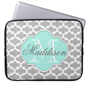 Grey Aqua Elegant Pattern Monogram Laptop Sleeve