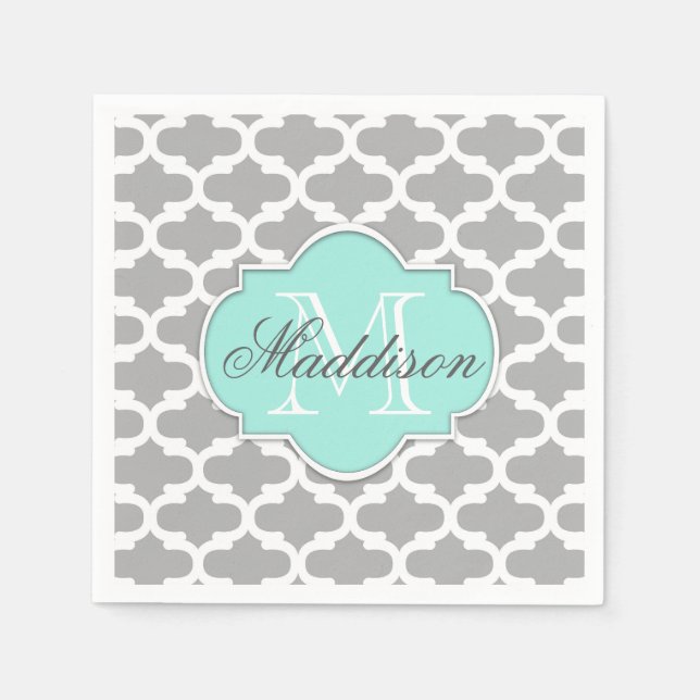Grey Aqua Elegant Pattern Monogram Napkin (Front)
