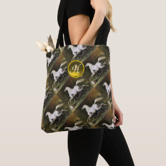Grey Arab Stallion Galloping With Dogs Monogram Tote Bag