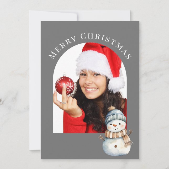 GREY ARCHED PHOTO SNOWMAN CHRISTMAS  HOLIDAY CARD (Front)