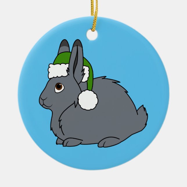 Grey Arctic Hare with Christmas Green Santa Hat Ceramic Tree Decoration (Front)